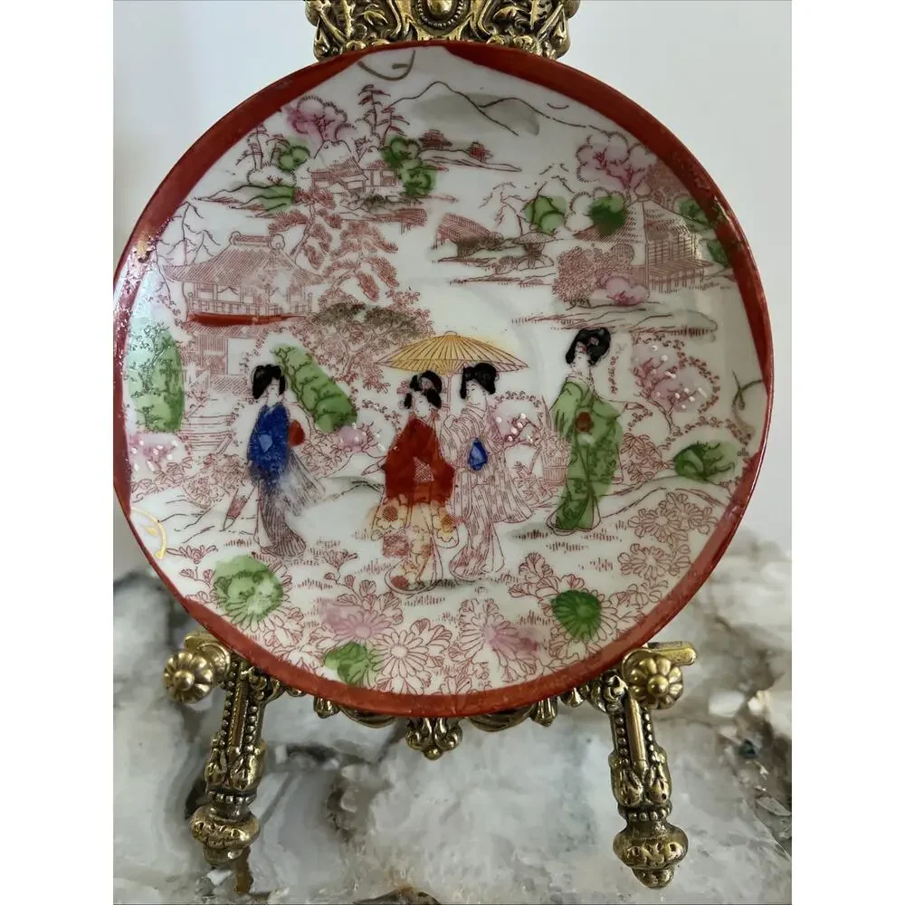 Set Of 3 Vtg Japanese Kutani Porcelain Geisha Saucer Plates Hand Painted 5.5”